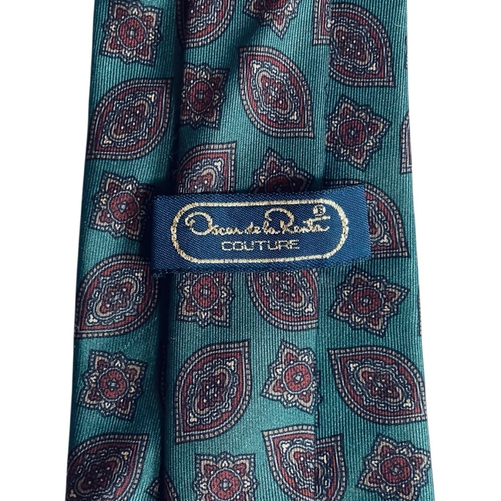Oscar de la Renta Couture Men’s Teal Red Paisley Silk Necktie 4” Wide - Picture 2 of 3